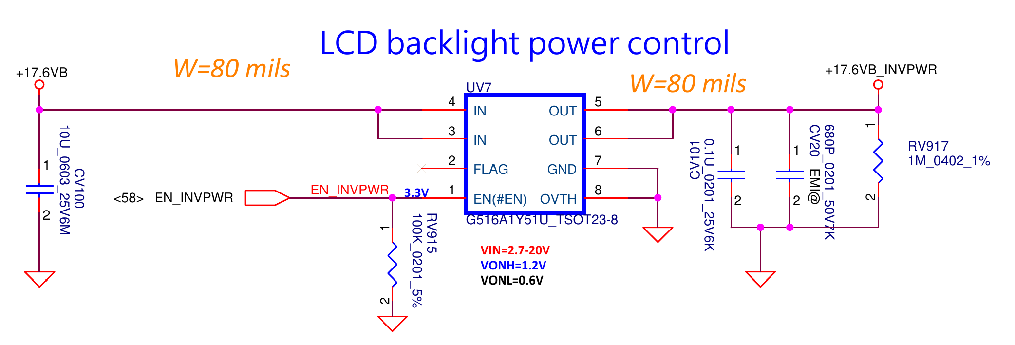 Schematic screenshot showing display power chip and nearby passive components
